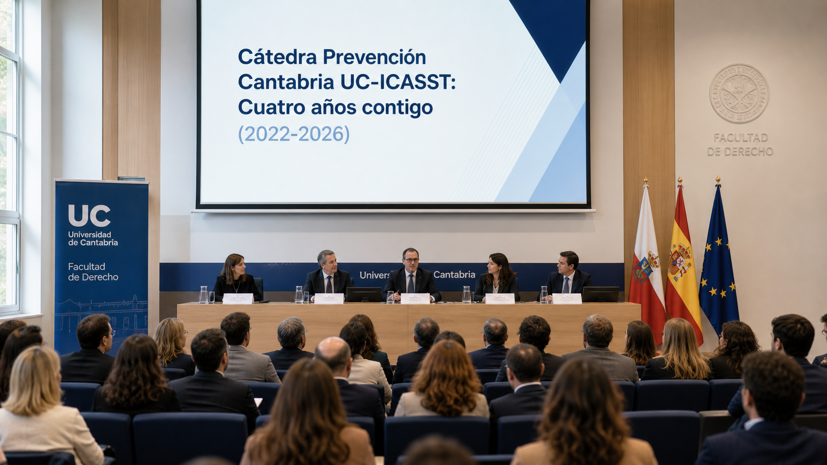 Mesa de ponentes y público en la jornada del cuarto aniversario de la Cátedra Prevención Cantabria UC‑ICASST en la Facultad de Derecho de la Universidad de Cantabria.