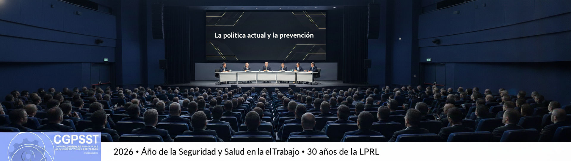 Cartel institucional de la jornada 'La política actual y la prevención' con referencia al 30 aniversario de la Ley de Prevención de Riesgos Laborales